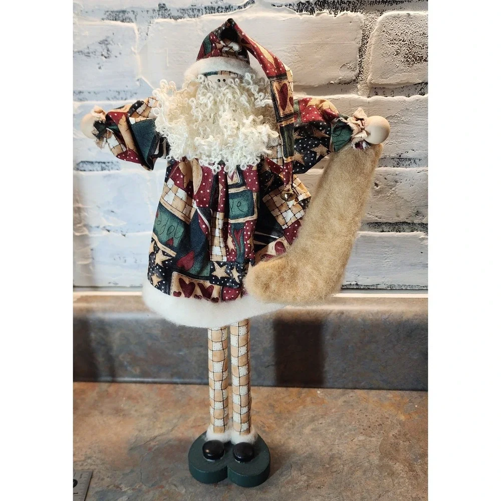 Vintage Handmade  Folkart Farmhouse Santa  made with fabric and wooden