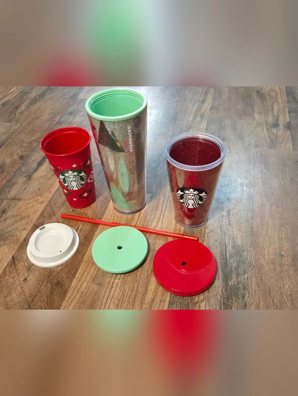 Starbucks Red and Mint Green Glitter Tumbler Trio