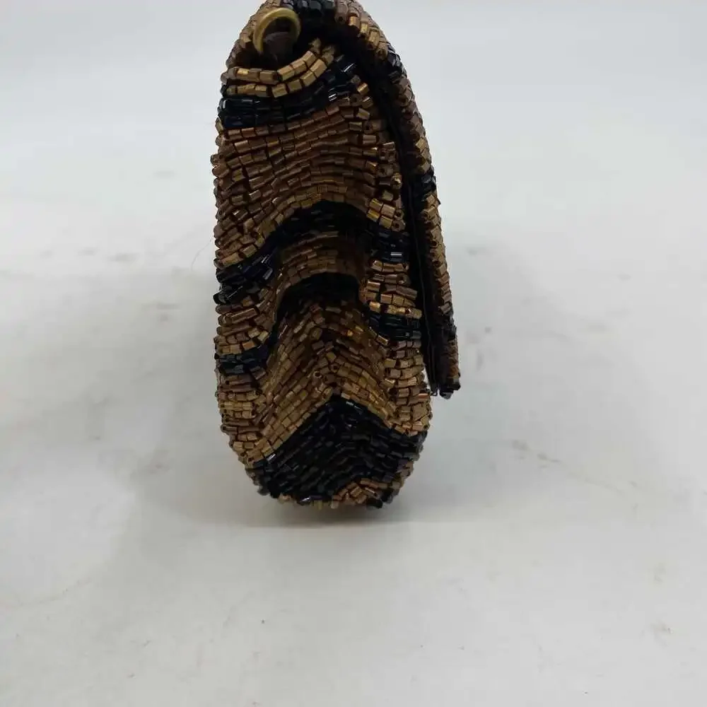 Moyna Brown Silk Beaded Striped Clutch | OS Regular