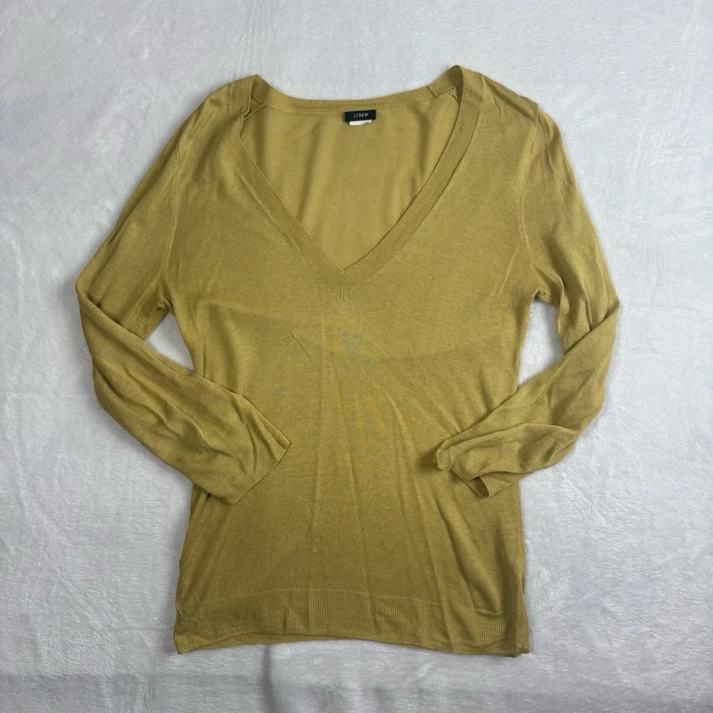Y2K J.Crew Yellow Long Sleeve V-Neck Silk Blouse Women's Size Medium‎ Hole