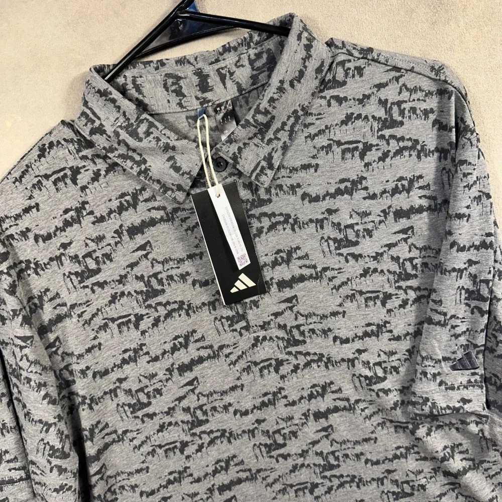 Adidas Polo Shirt Mens L Grey Black Go-To Printed Abstract Golf New MSRP 80