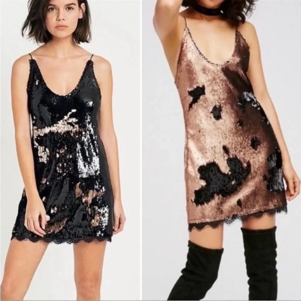 Free People Seeing Double Sequin Slip Dress in Black and Rose Gold S NWOT