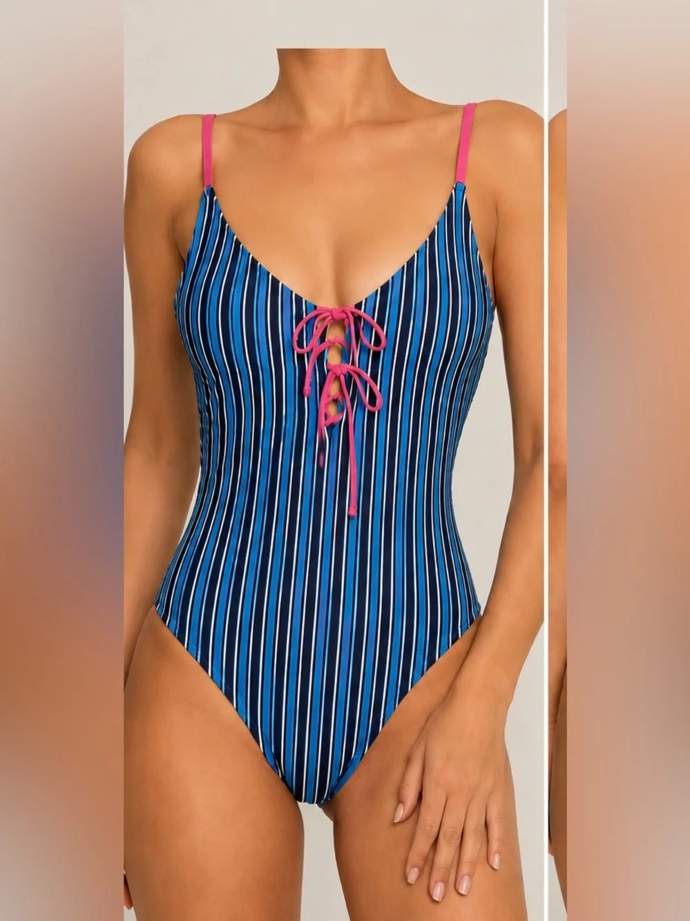 Victoria's Secret Navy and Blue Striped One-Piece with Pink Tie