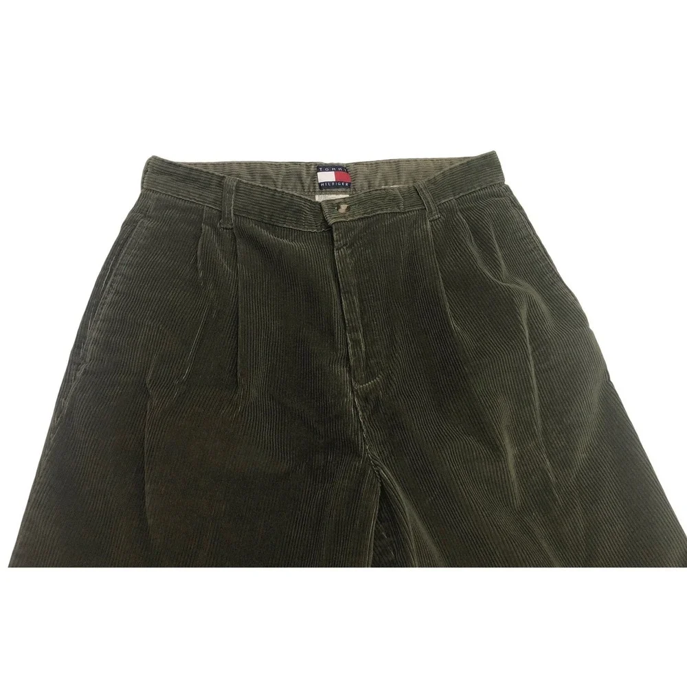 Tommy Hilfiger Mens Olive Green Corduroy Pleated Cuffed Pants 34x35 Vintage