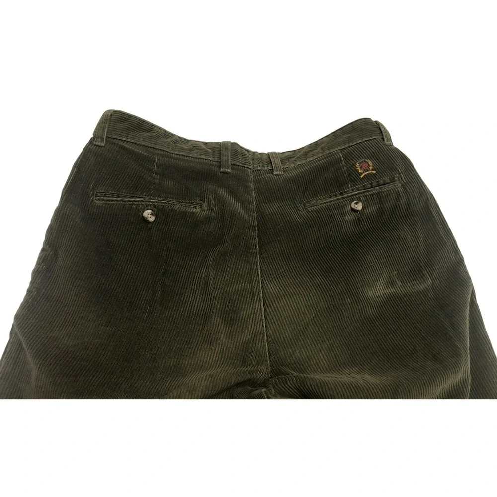 Tommy Hilfiger Mens Olive Green Corduroy Pleated Cuffed Pants 34x35 Vintage