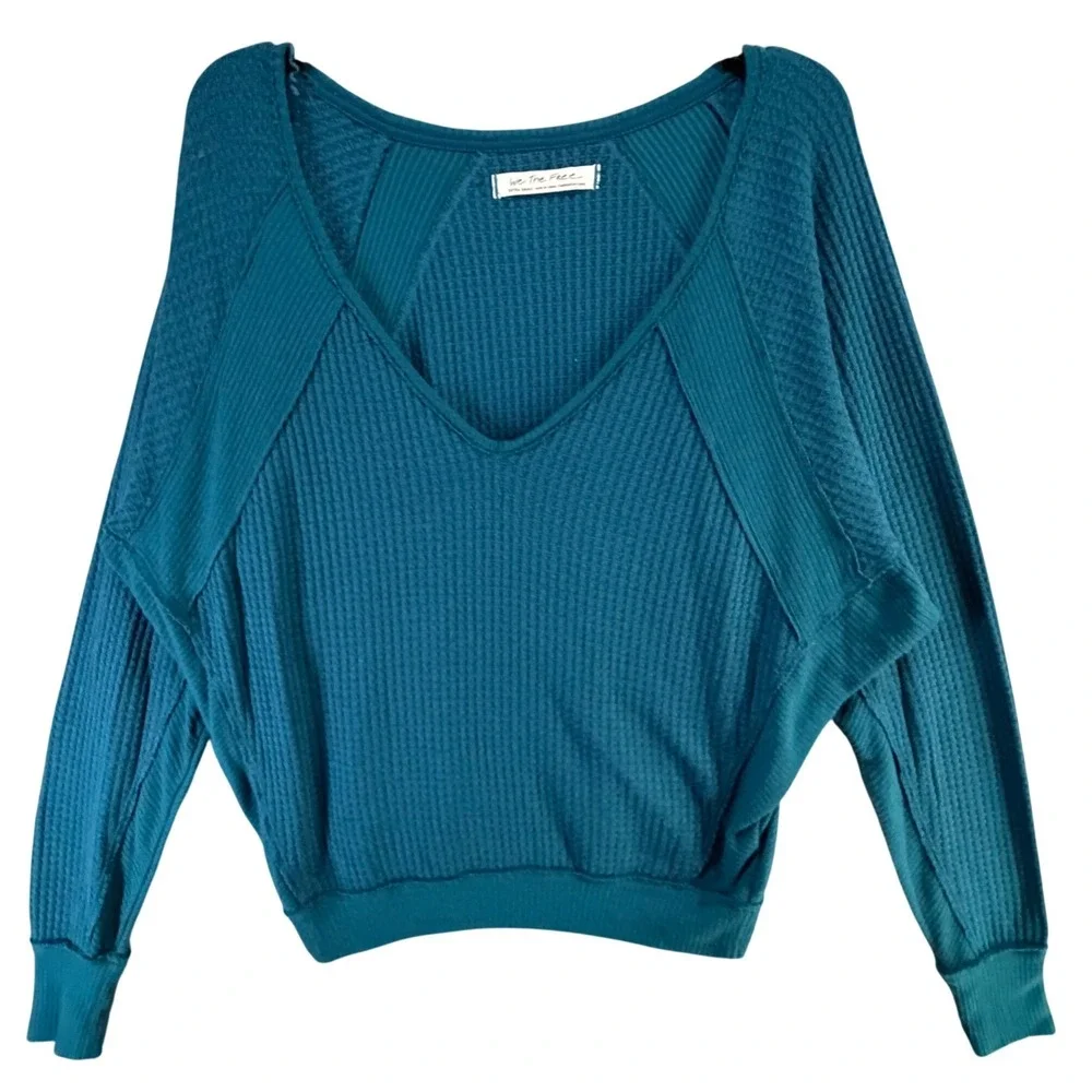 Free People We The Free Santa Clara Thermal Top XS Blue Waffle Boho Chic Slouchy