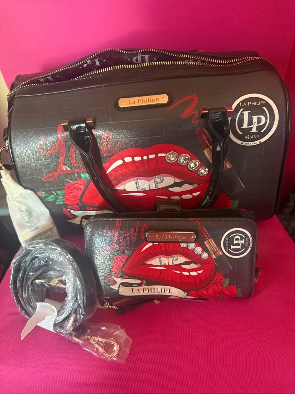 La Philipe Black Satchel with Red Lip Graphic