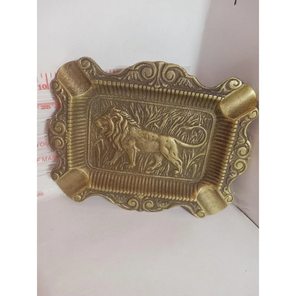 Traditional Finest Brass Ashtray Engraved Lion for Decor Great Vintage Piece