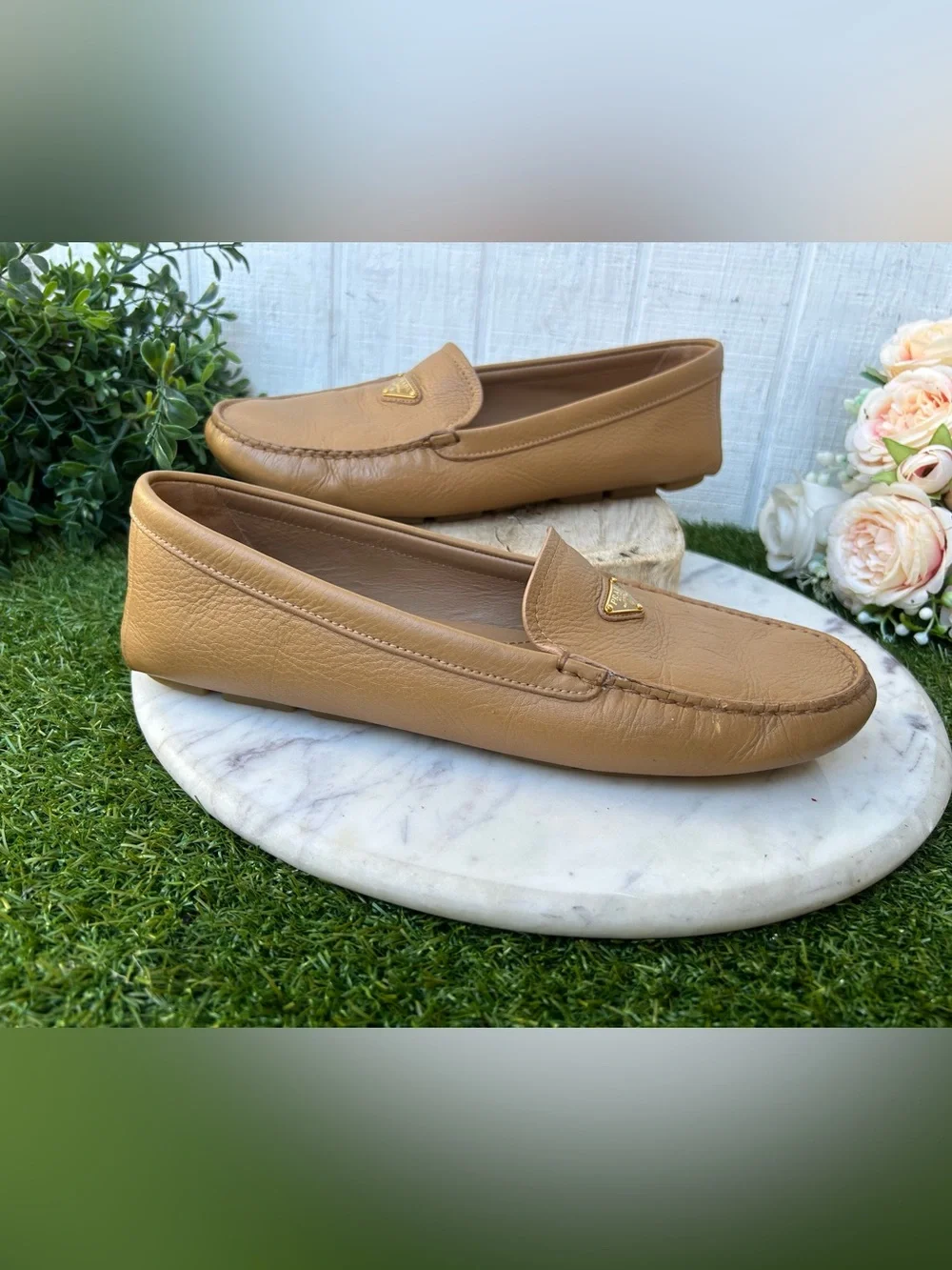 Prada Triangle Logo Driving Loafer Women 41 US 11 gently used  camel brown