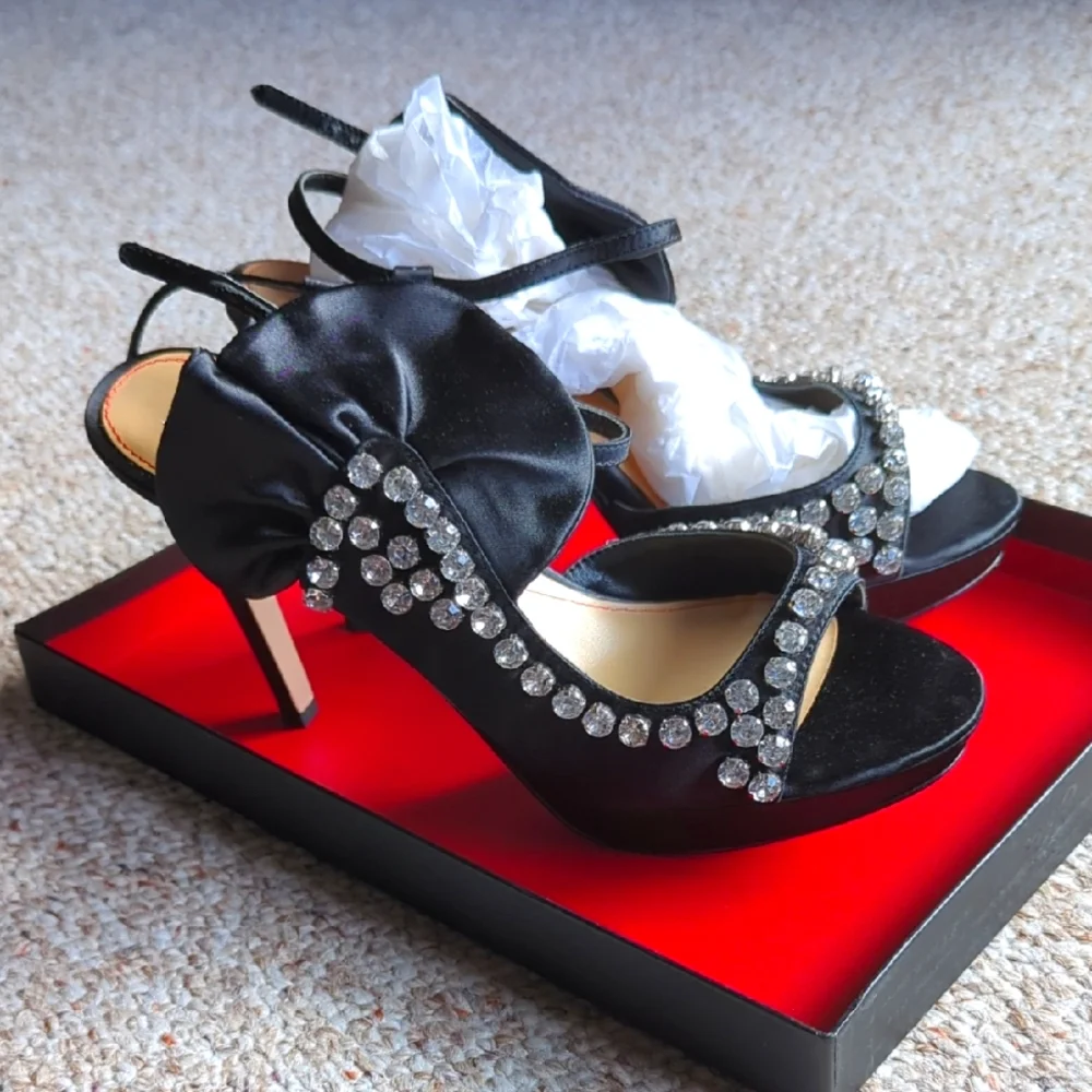 Pour la Victoria Glada Black Satin Heels with Rhinestone Detailing