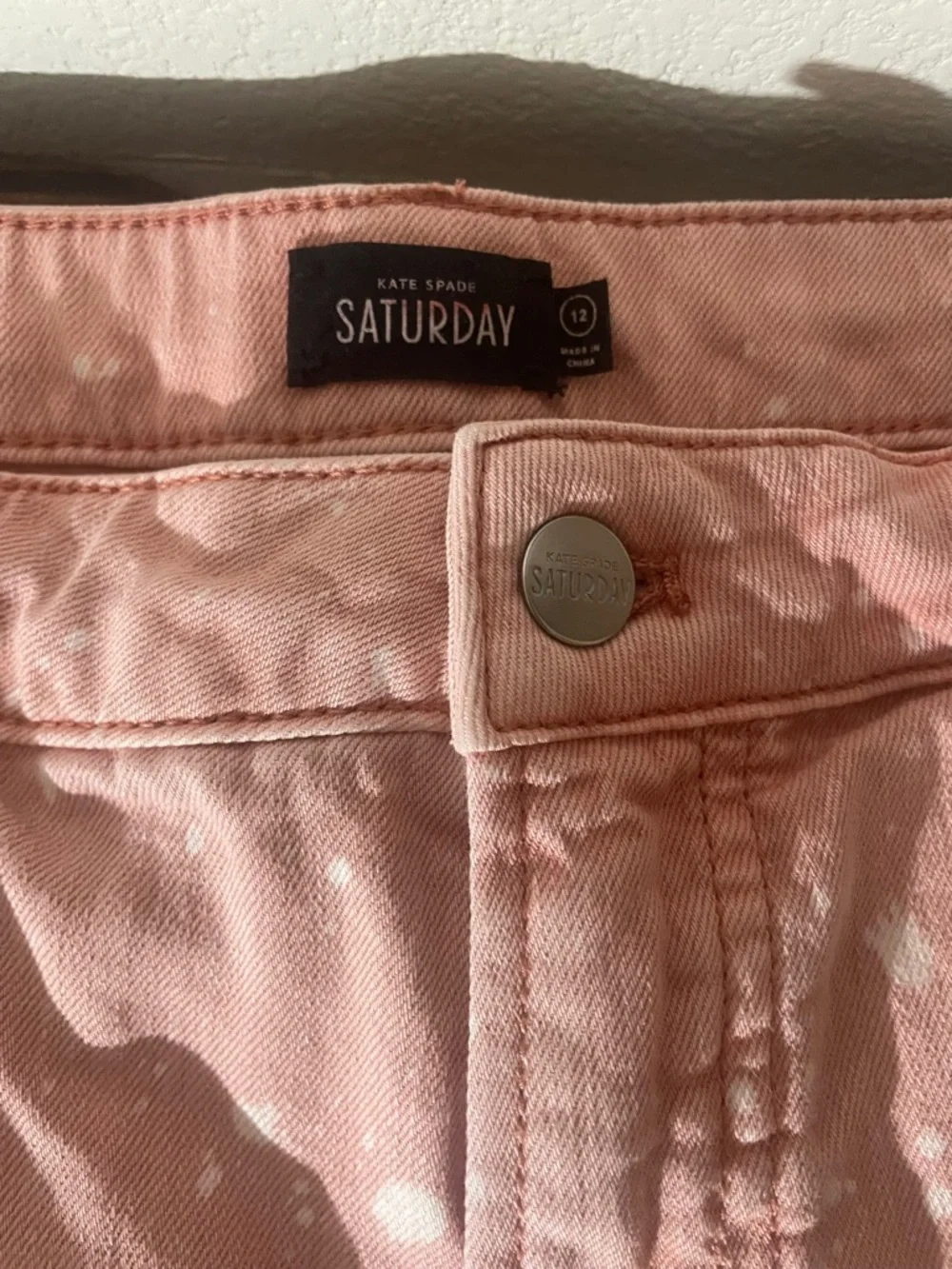 Kate Spade Saturday Paint Splatter Denim Shorts High Rise Size 12 Pink Coral