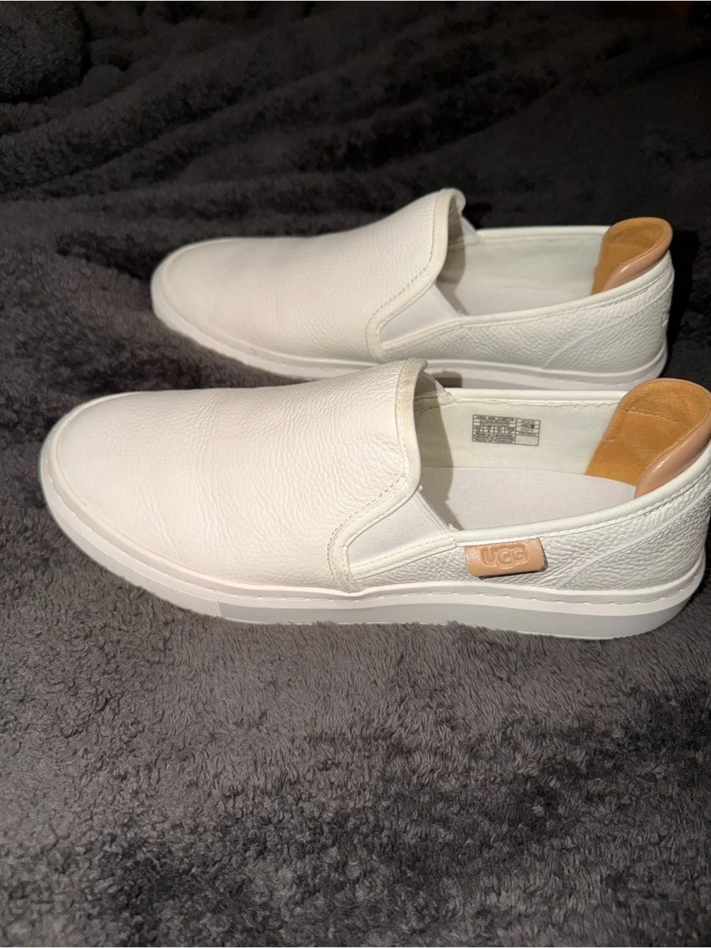 UGG Women's White Slip-On Leather Loafers with Tan Heel Tab
