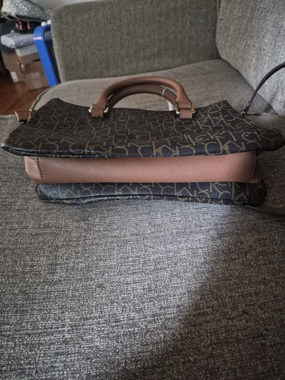 Calvin Klein Brown Monogram Satchel with Gold Chain and Tan Trim