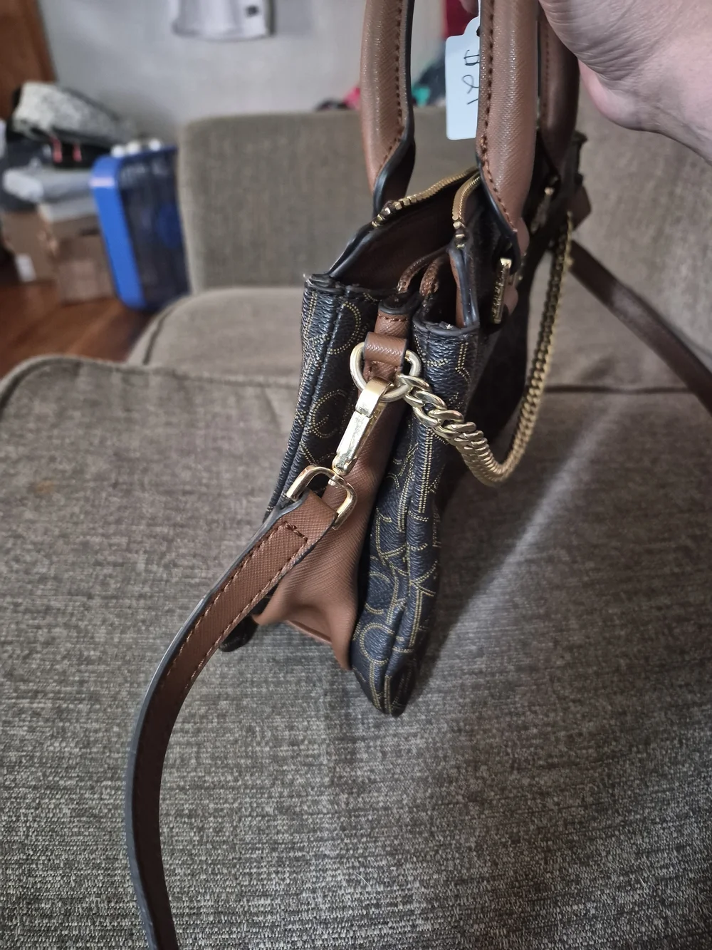 Calvin Klein Brown Monogram Satchel with Gold Chain and Tan Trim