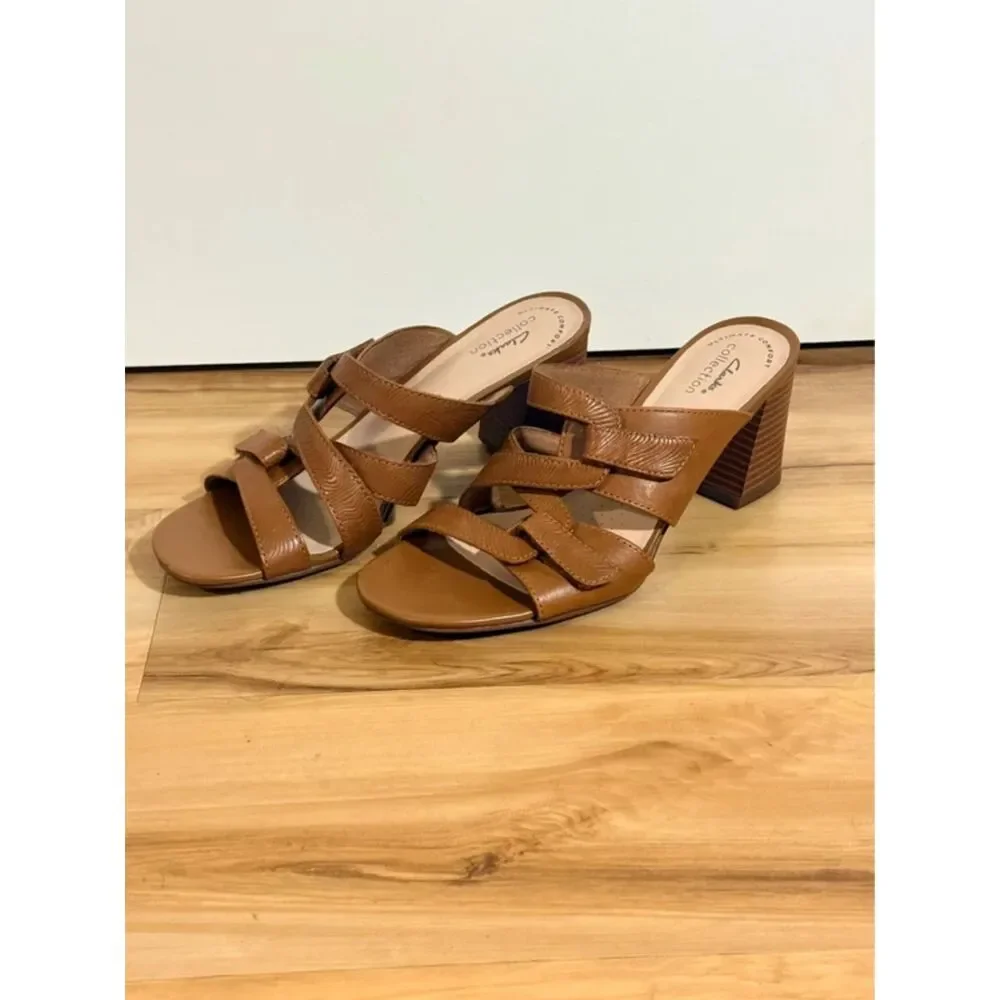 Clarks Collection Tan Strappy Block Heel Sandals Size 7.5