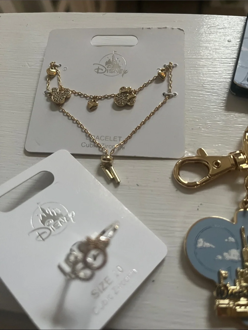 Disney Gold and Blue Castle Keychain with Coordinating Gold Jewelry Set. NEW