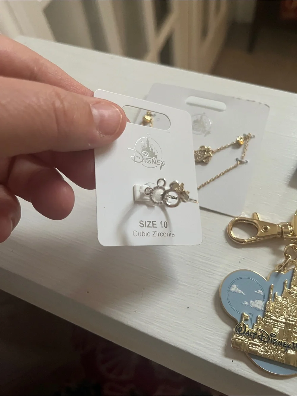 Disney Gold and Blue Castle Keychain with Coordinating Gold Jewelry Set. NEW