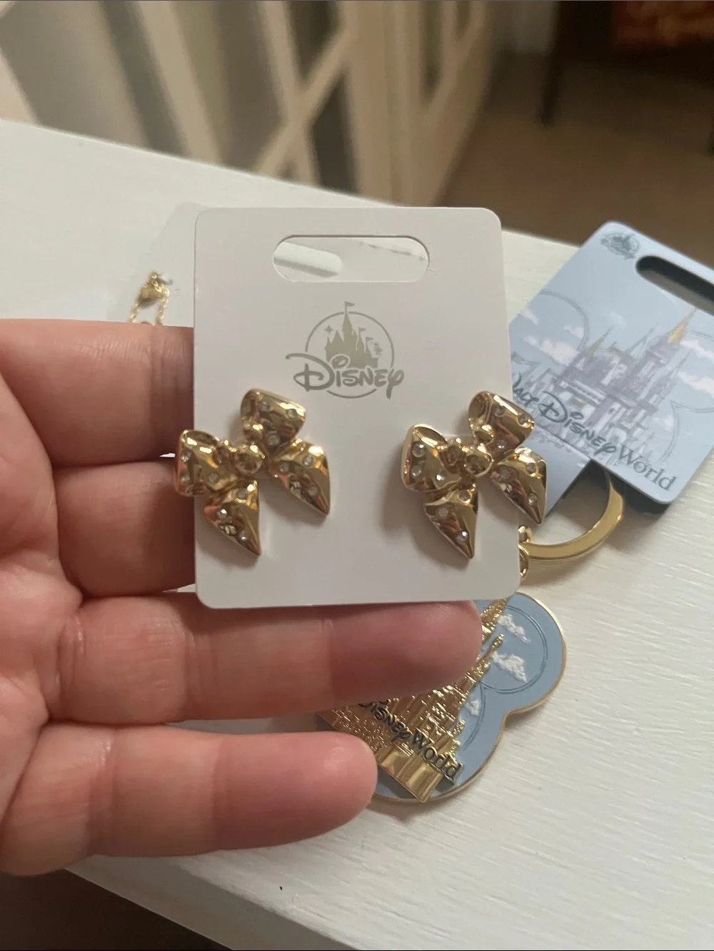 Disney Gold and Blue Castle Keychain with Coordinating Gold Jewelry Set. NEW