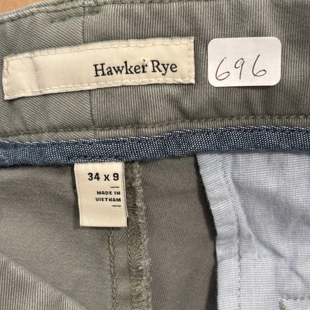 Hawker Rye Mens Chino Shorts Olive Green Gray 34 x 9 Flat‎ Front Cotton Twill