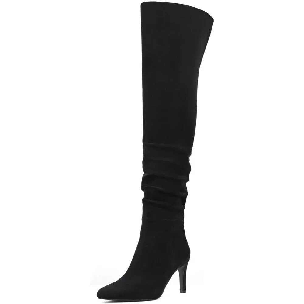 Women Suede Black Thigh High Over The Knee Stiletto Heel Pointed Toe Long Boot