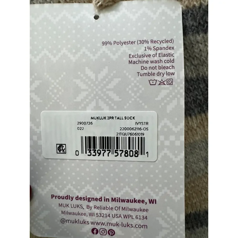 MUK LUK (2) pair WomanTall Boot Socks Shoe Sz 6-11 New Gift Cable Knit Stripes