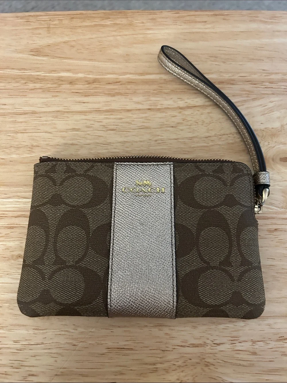 Coach Brown Signature Canvas Wristlet with Metallic Gold Stripe