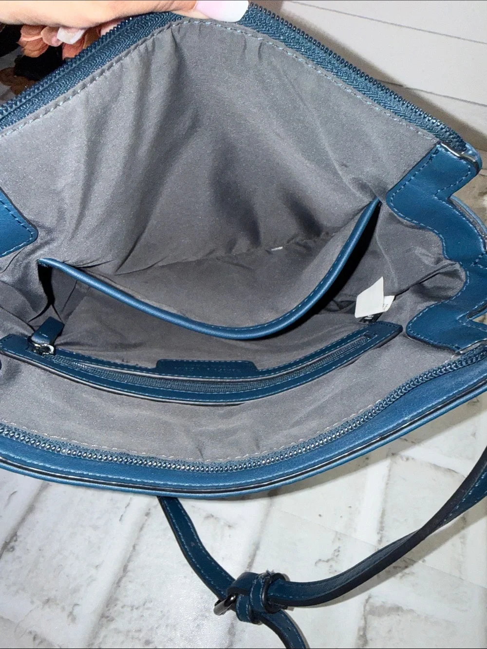 Blue Leather Crossbody Bag with Front Zippers