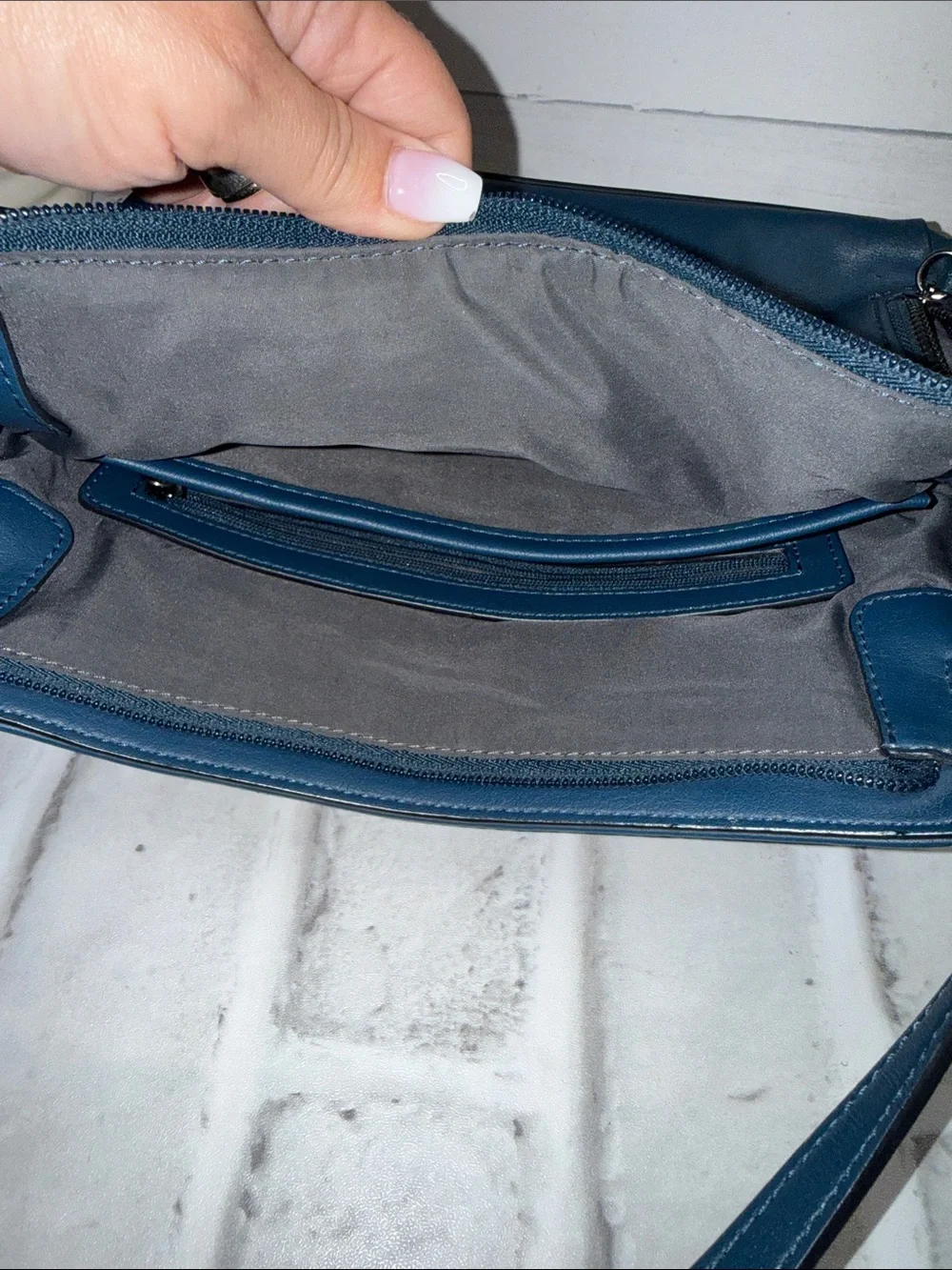Blue Leather Crossbody Bag with Front Zippers