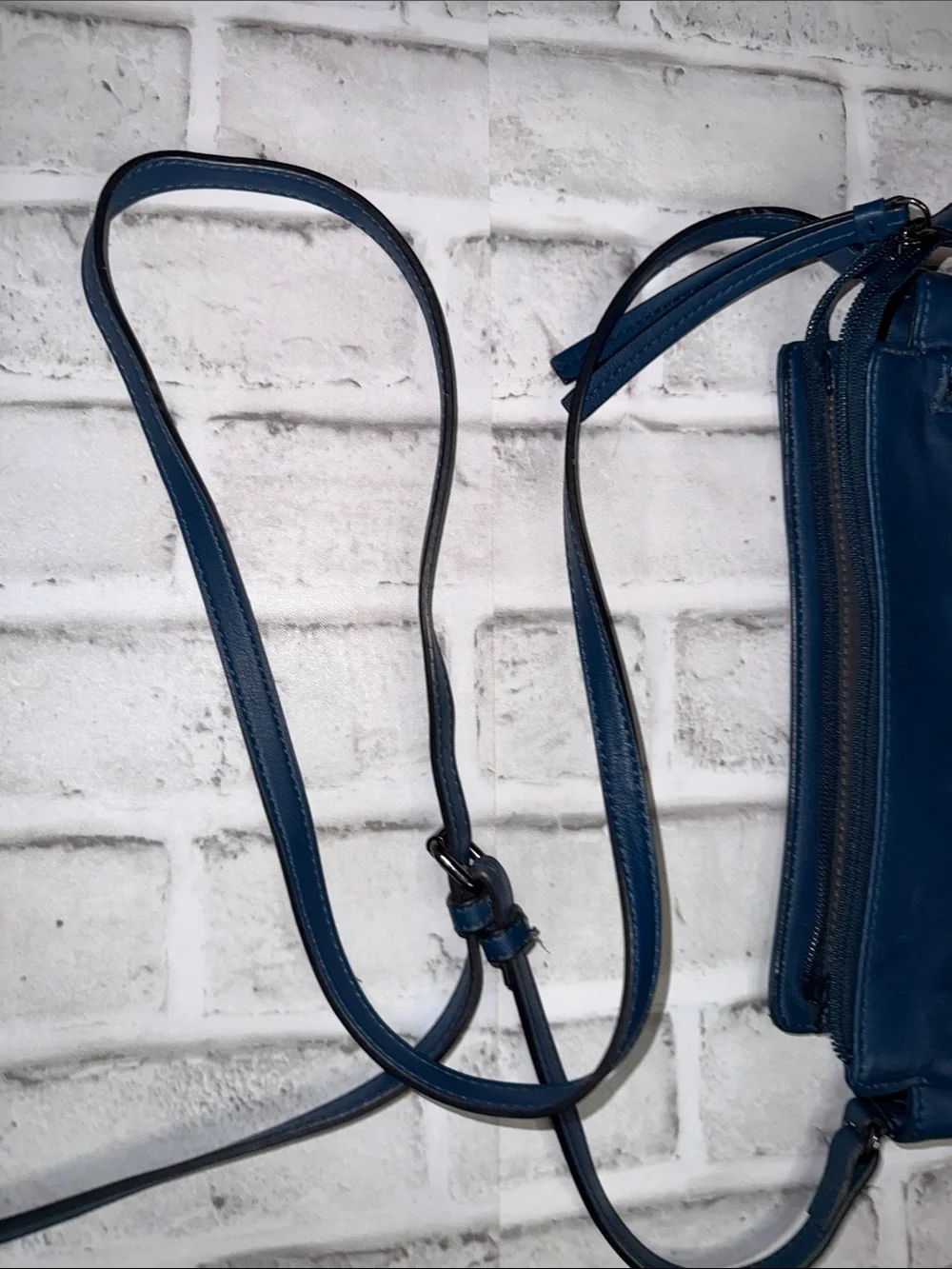 Blue Leather Crossbody Bag with Front Zippers