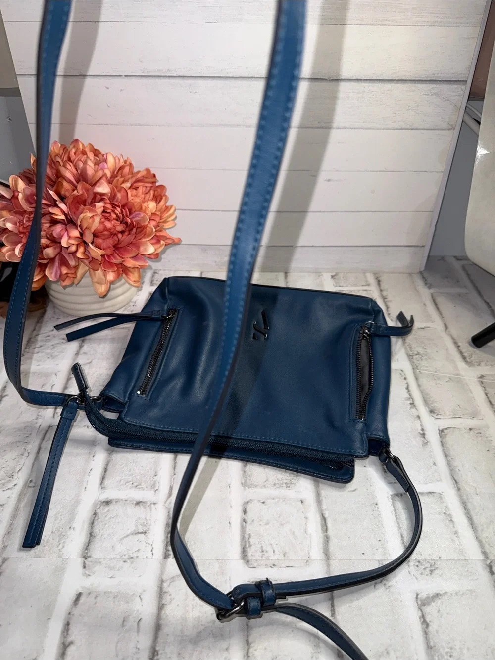 Blue Leather Crossbody Bag with Front Zippers