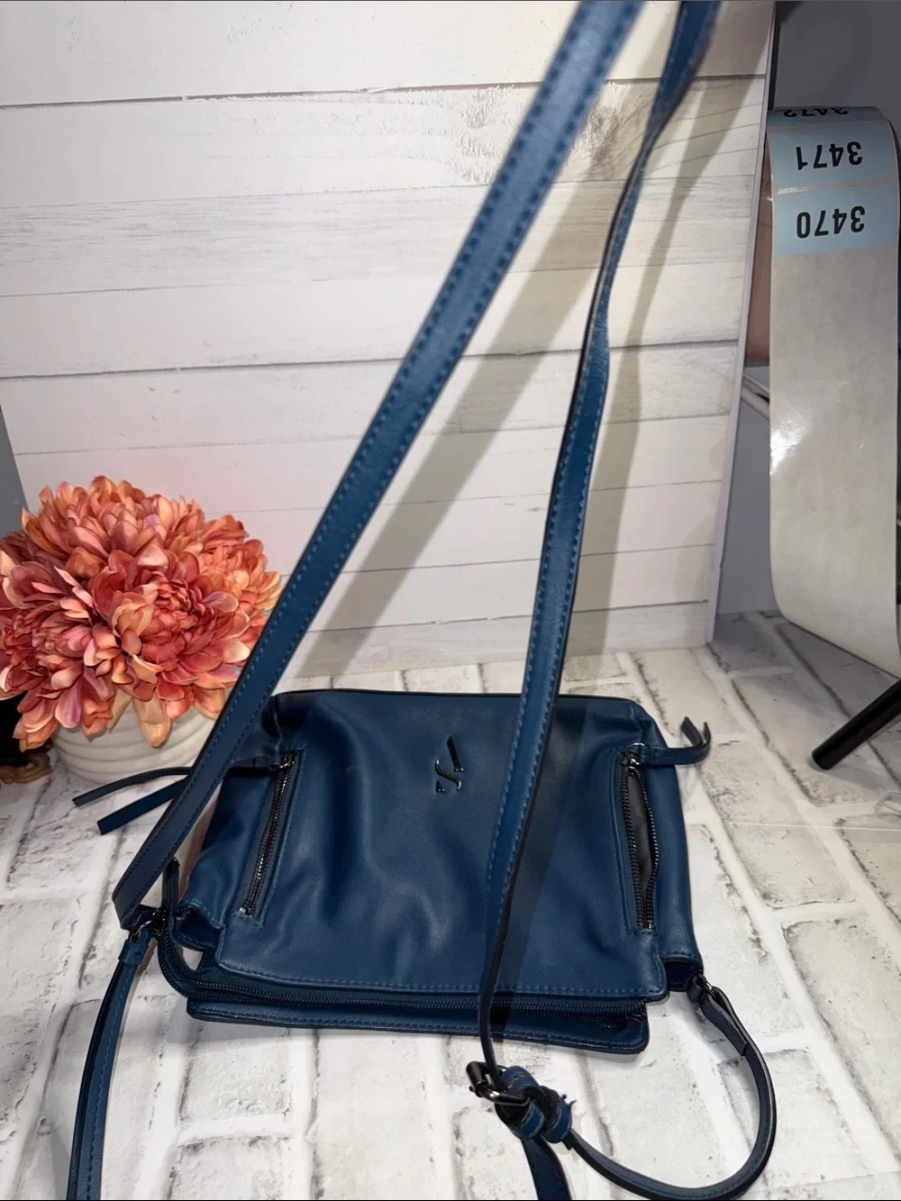 Blue Leather Crossbody Bag with Front Zippers