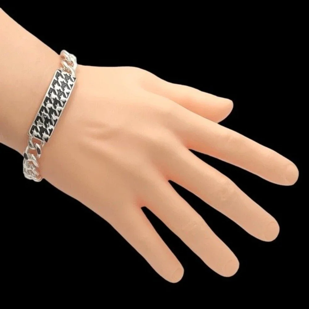 🌼 Houndstooth Bar Silver Chain Bracelet