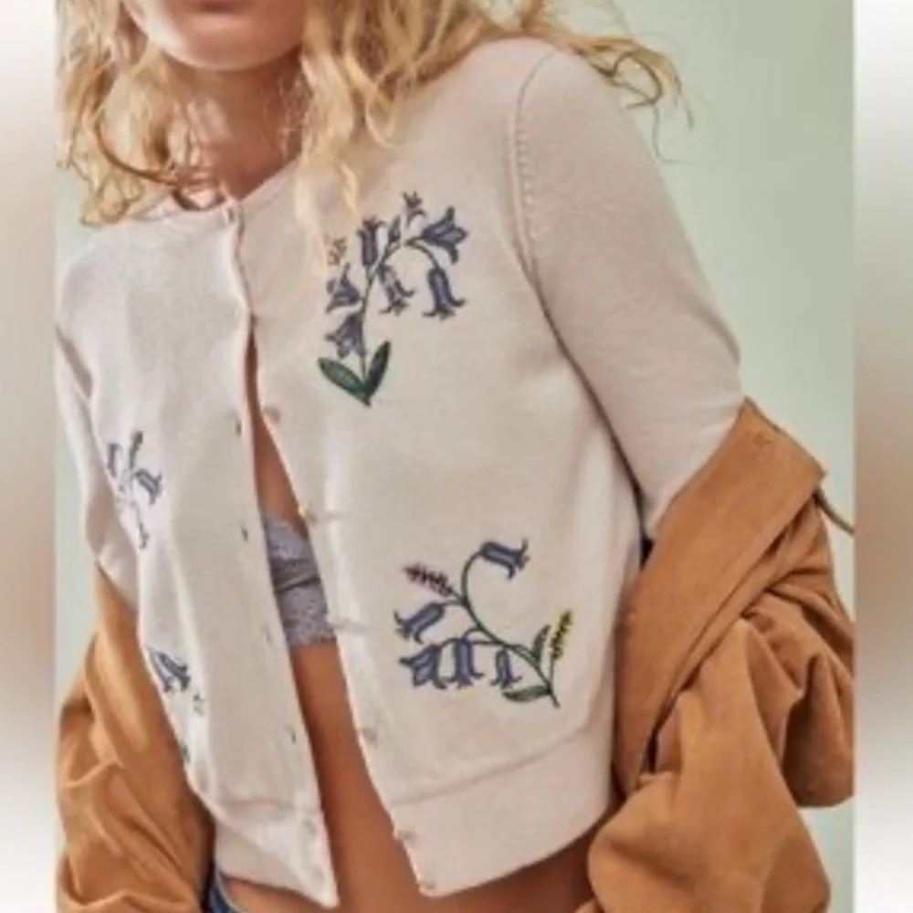 New! Free People Pink Floral Bee Embroidered silk lined Cardigan 2729