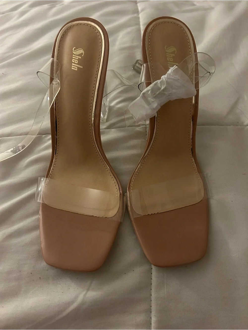 SHEIN Nude Block Heel Sandals with Clear Straps