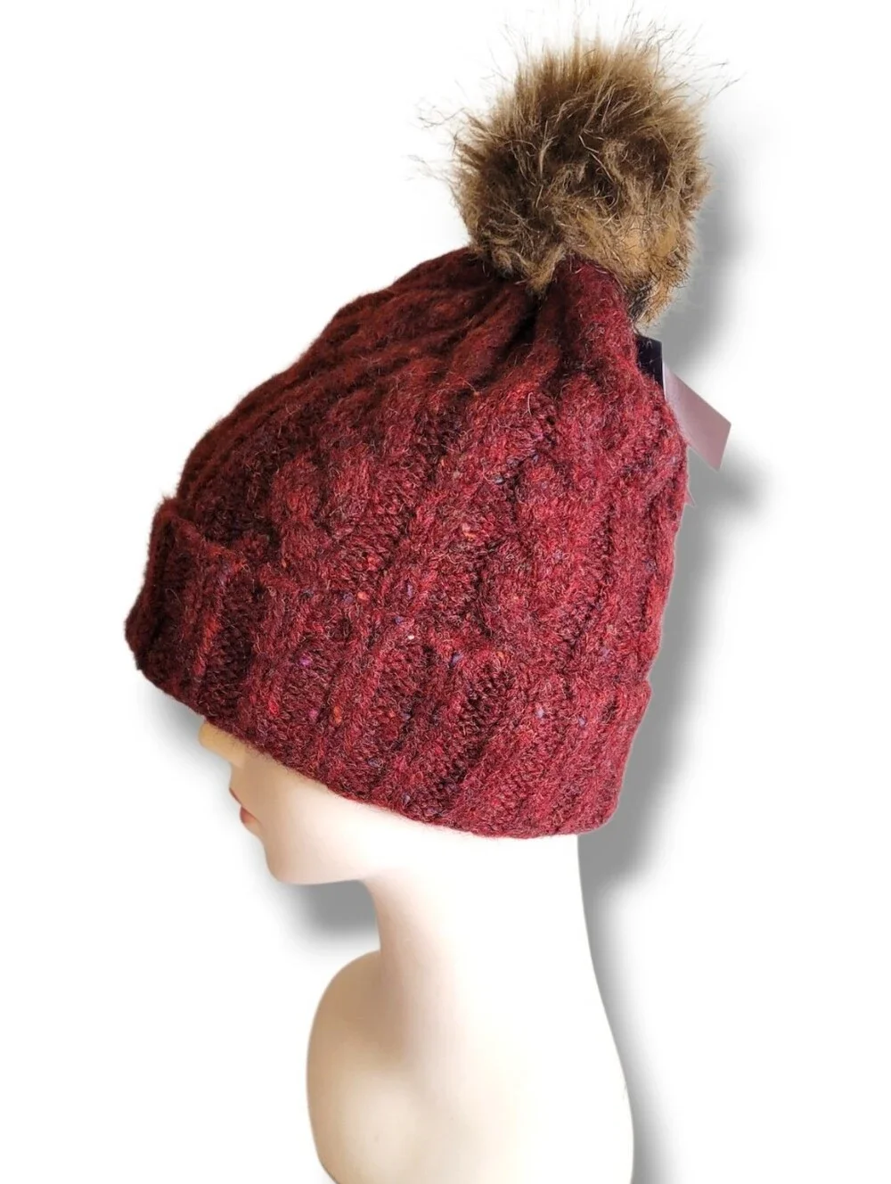 Dark Red Cable Knit Pom-Pom Beanie
