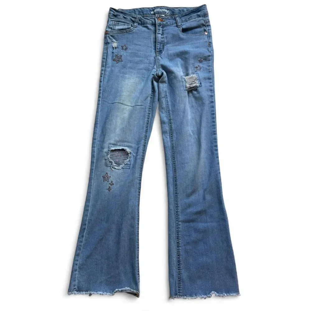 Wallflower Girls Distressed Flare Jeans Size 16 Star Embroidered Frayed Blue Y2K