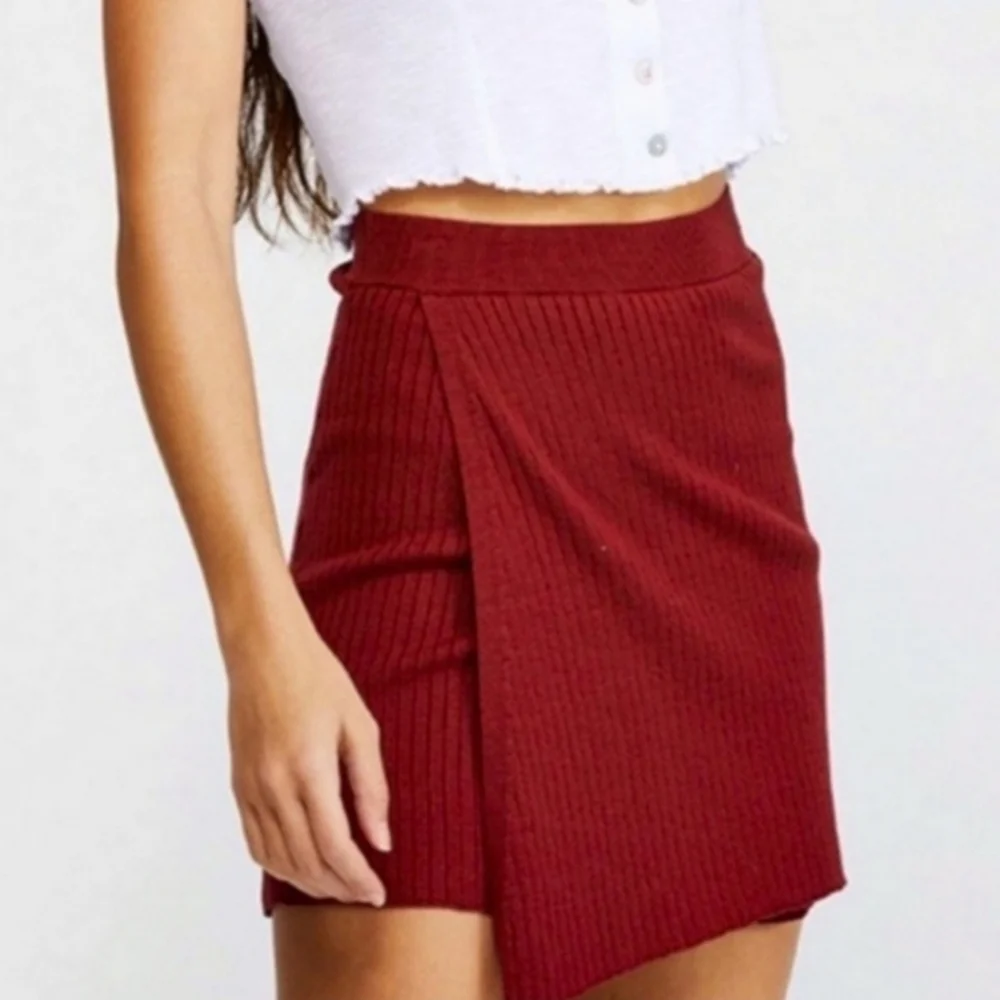 Free People Revolve Maroon Red High Rise Ribbed Knit Mod Wrap Skirt