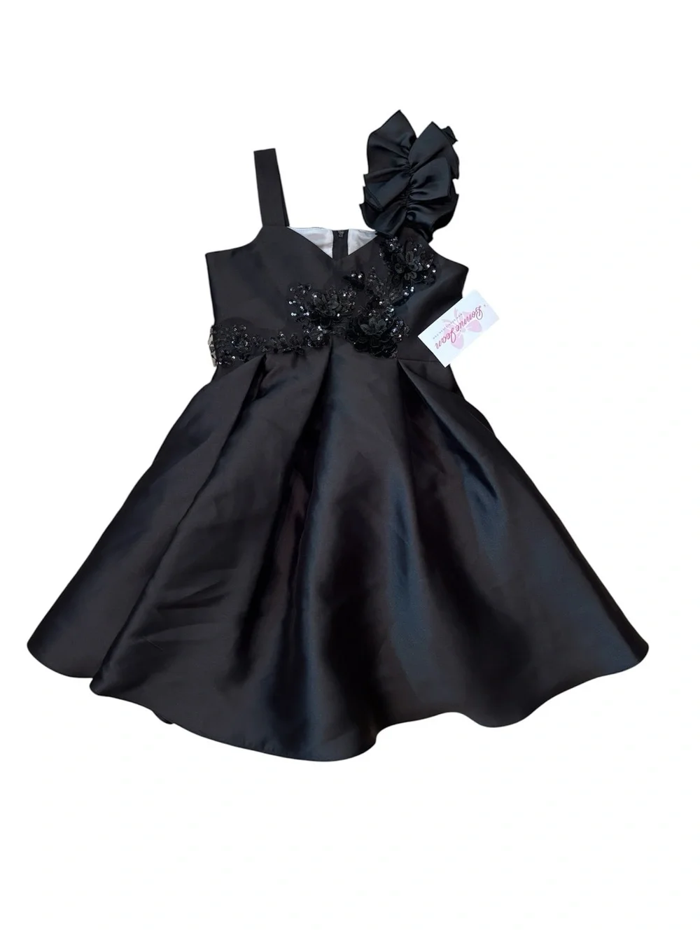 Bonnie Jean Girl’s Mikado Black Party Dress Bow & Sequin Details Swing Skirt