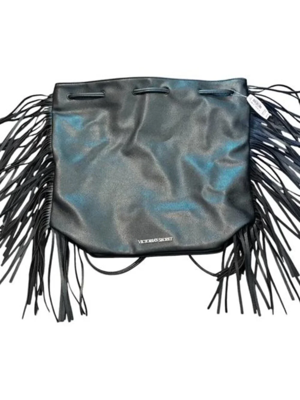 NWT Victoria's Secret VS Faux Black Pebble Leather Draw String Fringe Backpack