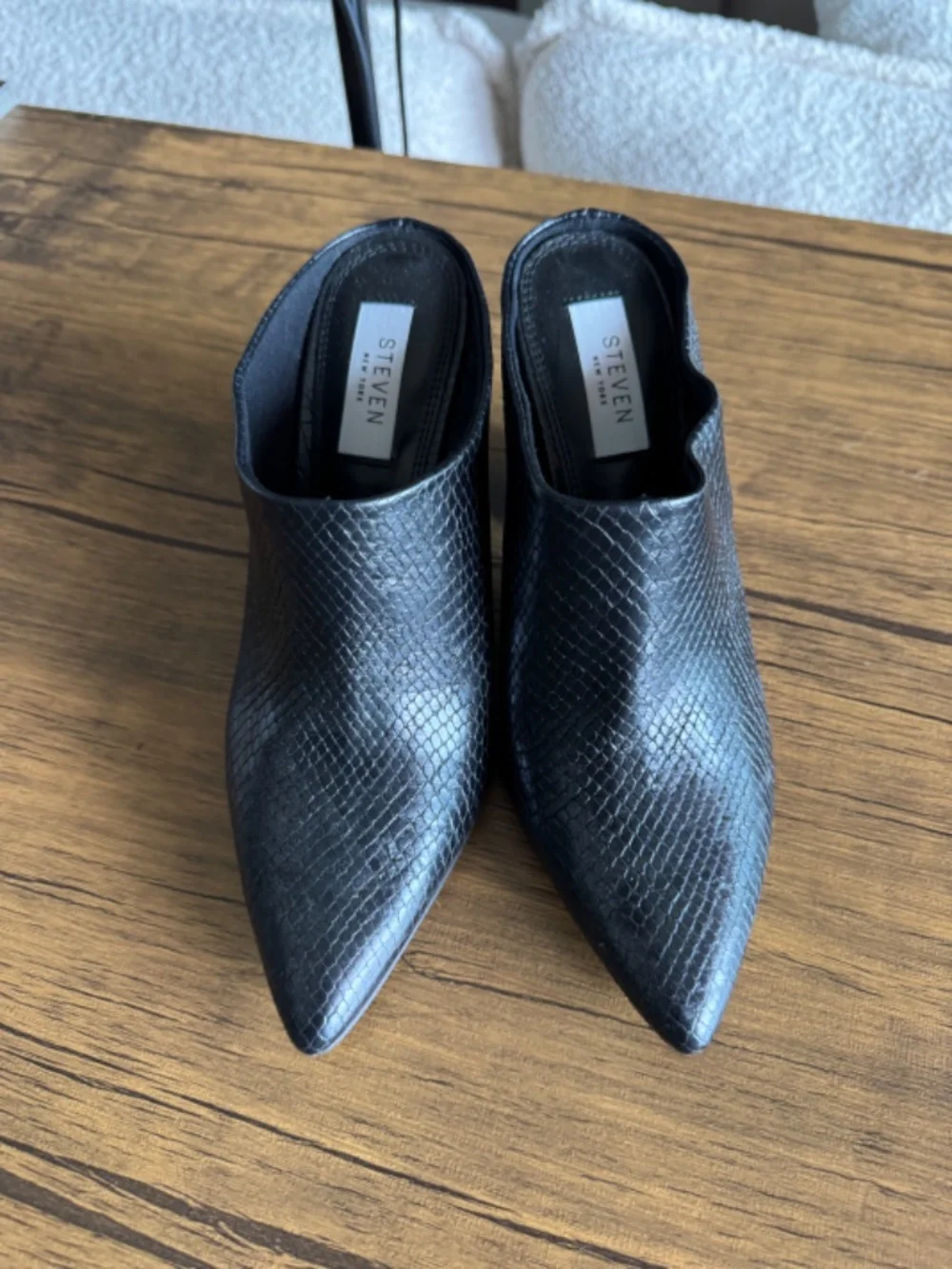 Steven New York Snakeskin Embossed Leather Mules Block Heels