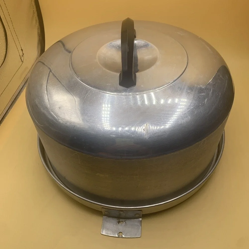 Vintage  Kromex Aluminum CAKE On The Front Base And Lid With Black Handle