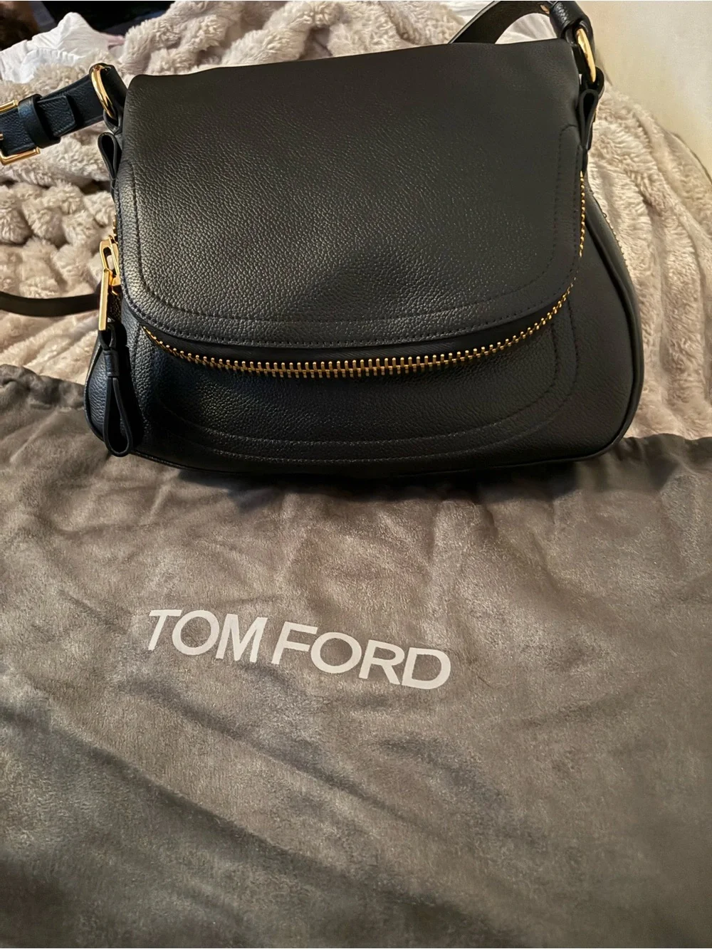 Tom Ford Black Leather Shoulder Bag with Gold-Tone Hardware