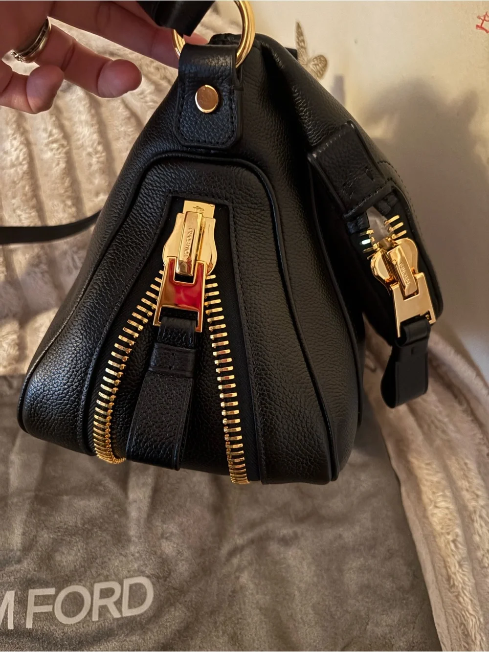 Tom Ford Black Leather Shoulder Bag with Gold-Tone Hardware