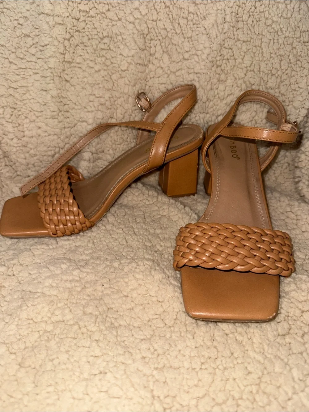 Bamboo Braided Strap Tan Block Heel Sandals - Women's