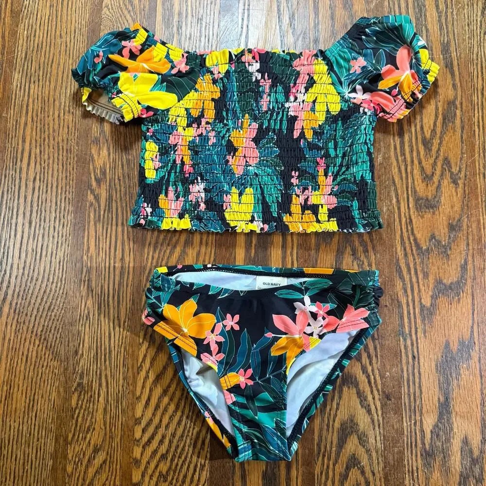 Old Navy 3T Tropical Floral Smocked Off-Shoulder 2-Piece Bikini Swimsuit Set