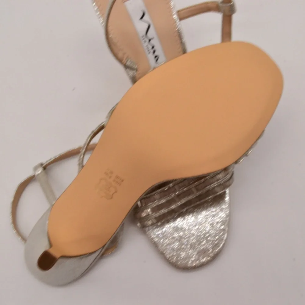 Nina New York Womens Sparkle Strappy Slingback Heels 8 Silver Leather NEW