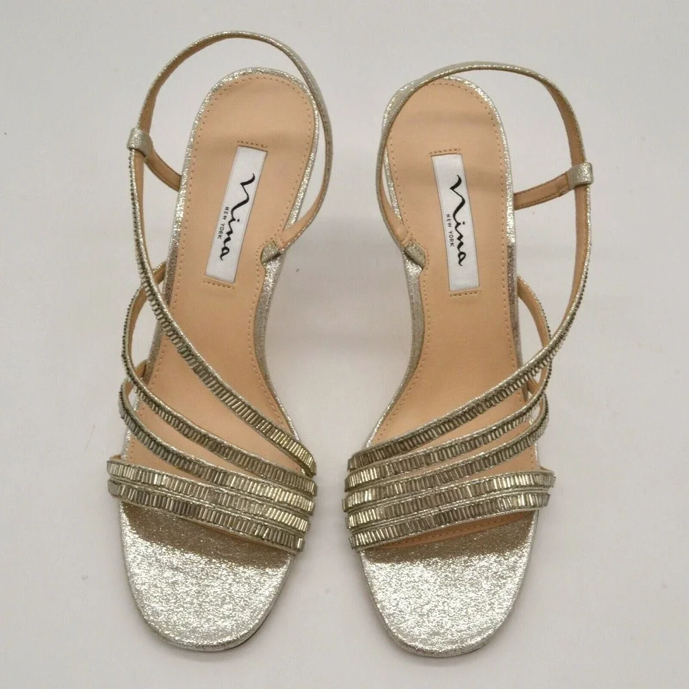 Nina New York Womens Sparkle Strappy Slingback Heels 8 Silver Leather NEW