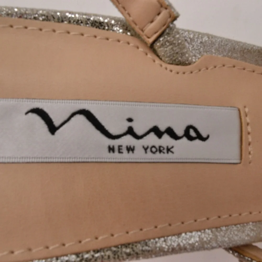 Nina New York Womens Sparkle Strappy Slingback Heels 8 Silver Leather NEW