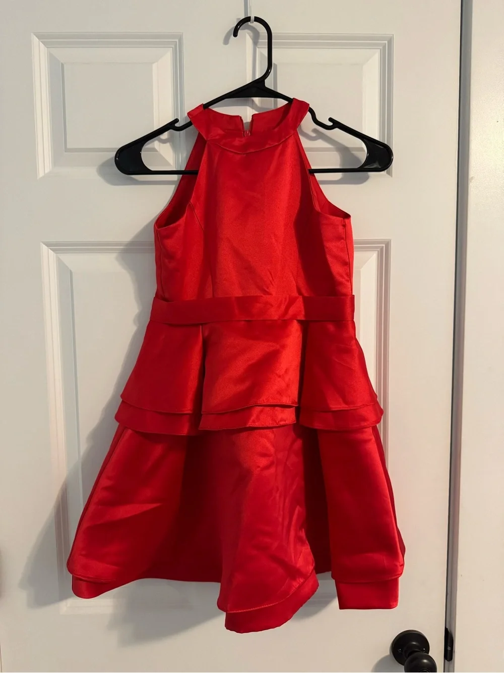 Red Satin Tiered Halter Pageant Dress