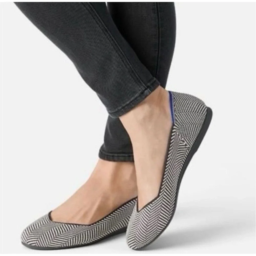 Rothys The Flat Black Herringbone Knit Ballet Flats Round Toe Women Size 8